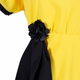 Pleated Neck Sleeve Black Band Yellow Dress