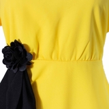 Pleated Neck Sleeve Black Band Yellow Dress