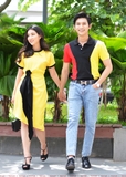 Couple Strong Shoulder Polo & Black Band Yellow Dress