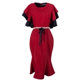 Cascade Sleeve Pearl Belt mixed Black Red Dress