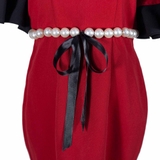 Cascade Sleeve Pearl Belt mixed Black Red Dress