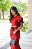 Cascade Sleeve Pearl Belt mixed Black Red Dress