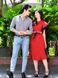 Couple Premium Color Cross Shirt & Pearl Belt Dress