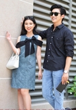 Couple Pocket Black Shirt & Textured Bow Tie Dress