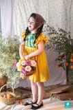 Váy linen vàng bèo vai phối họa tiết gấu xanh POOH