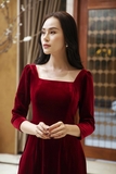 Áo dài nhung the đỏ cổ vuông tay bồng Linne'