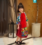 Set áo dài nhung đỏ phối tay hoạt họa PIXIE kèm chân váy dập ly