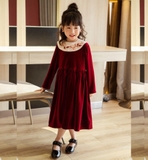 Váy babydoll tay ôm nhung the bé gái kèm cổ áo