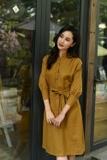 Váy linen vàng mustard nhún vai măng séc dài cúc trước FALLEAF