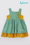 Váy thô cổ vuông đáp sườn hoa xanh đáp mustard-GREENROSE