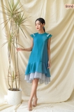 Váy tơ xanh xước đuôi cá tay raglan ba tầng LI3WAVE