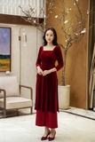 Áo dài nhung the đỏ cổ vuông tay bồng Linne'