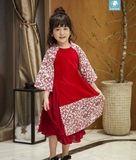 Set áo dài thô tay hoa chân hoa kèm chân váy xếp ly cho bé gái