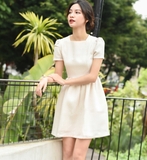 Váy tweed tay bồng cổ vuông hồng be LITWEED