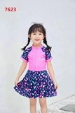 Bộ bơi bé gái cộc liền chân váy, hồng than 7623