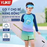 Bộ bơi bé trai dài tay rời quần ngắn 2 lớp chống nắng UPF 50+ màu xanh hình sóng YUKE