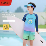 Bộ bơi bé trai dài tay rời quần ngắn 2 lớp chống nắng UPF 50+ màu xanh hình sóng YUKE