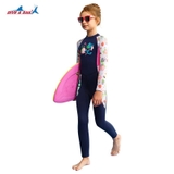 Bộ bơi Giữ Nhiệt bé gái dài tay dáng liền thân màu xanh than tay trắng chất vải 1.5mm Dive& Sail