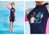 Bộ bơi Giữ Nhiệt bé gái tay ngắn dáng liền màu xanh than hồng chất vải 1.5mm Dive& Sail