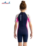 Bộ bơi Giữ Nhiệt bé gái tay ngắn dáng liền màu xanh than hồng chất vải 1.5mm Dive& Sail