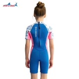 Bộ bơi giữ nhiệt bé gái cộc tay liền thân màu xanh trắng Captain vải dày 2.5mm, Dive&Sail