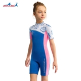 Bộ bơi giữ nhiệt bé gái cộc tay liền thân màu xanh trắng Captain vải dày 2.5mm, Dive&Sail