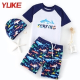 Bộ bơi bé trai cộc tay rời, trắng cá Surfing, quần cộc xanh than (3-16 tuổi)