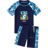Bộ bơi bé trai cộc rời, xanh khủng long, vải chống nắng, King Yuke