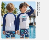 Bộ bơi bé trai chống nắng dài tay dáng rời màu trắng hình cá SURF vải Kháng Clo UPF50++ Momasong