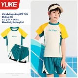 Bộ bơi cộc tay bé trai, màu trắng xanh, quần 2 lớp, chống nắng UPF 50+, YUKE
