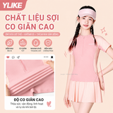 Bộ bơi cộc tay chống nắng, kháng Clo, hồng chân váy rời Yuke, UPF 50+