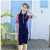 Bộ bơi bé gái cộc tay liền, màu xanh than, tay hồng hoạ tiết 9368-2