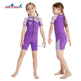 Bộ bơi giữ nhiệt bé gái cộc liền, tím dâu, vải dày 2.5mm, Dive&Sail