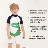 Bộ bơi bé trai ngắn tay vải cao cấp Chống Nắng UPF 50+ co giãn thoáng khí màu trắng khủng long Momasong