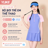 Bộ bơi cộc tay chống nắng, kháng Clo, xanh hồng chân váy rời Yuke, UPF 50+