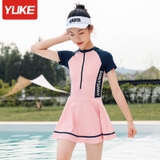 Bộ bơi bé gái hồng, liền chân váy, tay than
