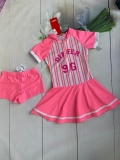 Bộ bơi bé gái cộc tay liền, hồng kẻ 96, liền chân váy, kèm quần rời.