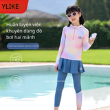 Bộ bơi bé gái dài tay chống nắng UPF 50+, kháng Clo, hồng xanh, mẫu mới kèm mũ Yuke