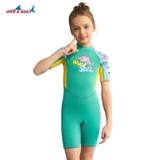 Bộ bơi giữ nhiệt trẻ em cộc tay liền thân xanh hình cá vải dày 2.5mm, Dive&Sail