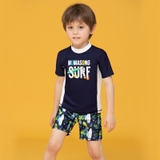 Bộ bơi cộc tay bé trai, Xanh than, cổ trắng SURF, dáng rời, Momasong (Korea)