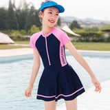 Bộ bơi bé gái cộc liền chân váy, màu than hồng