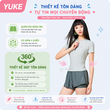 Bộ bơi nữ cộc tay chống nắng UPF50+ co giãn, màu hồng tím, quần 2 lớp Yuke