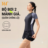Bộ bơi nữ vải chống nắng UPF 50+ Kháng Clo ngắn tay dáng rời màu đen 361