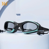 Kính bơi chống nước 361, đen xanh, liền nút tai, dây cài nút