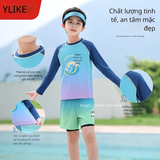 Bộ bơi bé trai dài tay rời quần ngắn 2 lớp chống nắng UPF 50+ màu xanh hình sóng YUKE