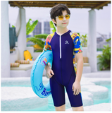 Bộ bơi bé trai cộc liền, xanh than, tay hoạ tiết 9368-3