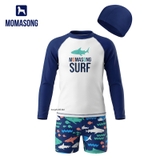 Bộ bơi bé trai chống nắng dài tay dáng rời màu trắng hình cá SURF vải Kháng Clo UPF50++ Momasong