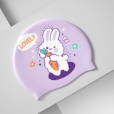 Mũ bơi chống nước trẻ em, chất liệu silicone cao cấp, co giãn,màu tím, hình thỏ