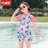 Bộ bơi bé gái cộc liền chân váy, hồng xanh lá, kèm quần liền bên trong Yuke