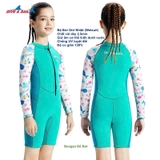 Bộ bơi giữ nhiệt bé gái, dài tay, màu xanh tay trắng, vải dày 2.5mm, Dive & Sail